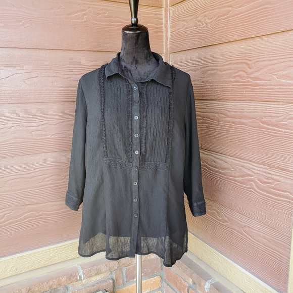 Emma James Sheer Ruffle Front Elegant Black Women's Button-Up Top Size 16W EUC - Picture 10 of 16